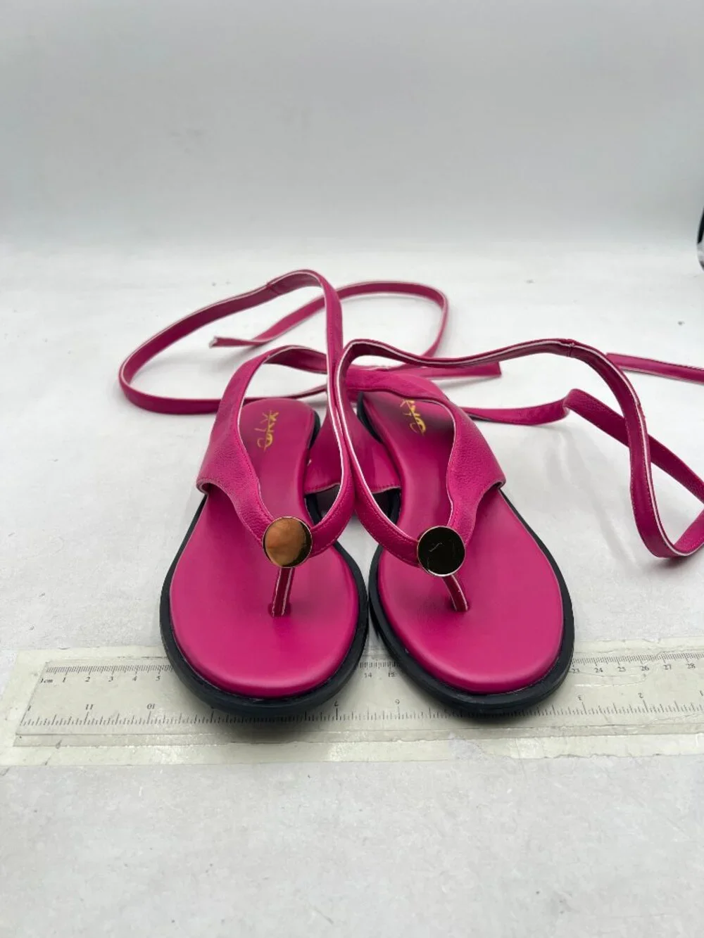 XYD Hot Pink Open Toe Metal Gold Hardware Flip Flops Ankle Wrap Lace-up Flat